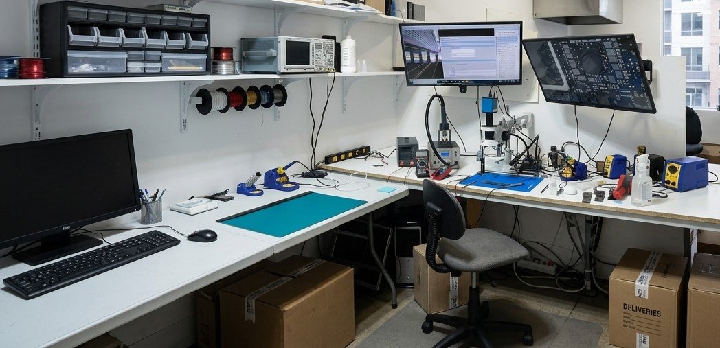 SmartComp Solutions repair bench with tools and monitors